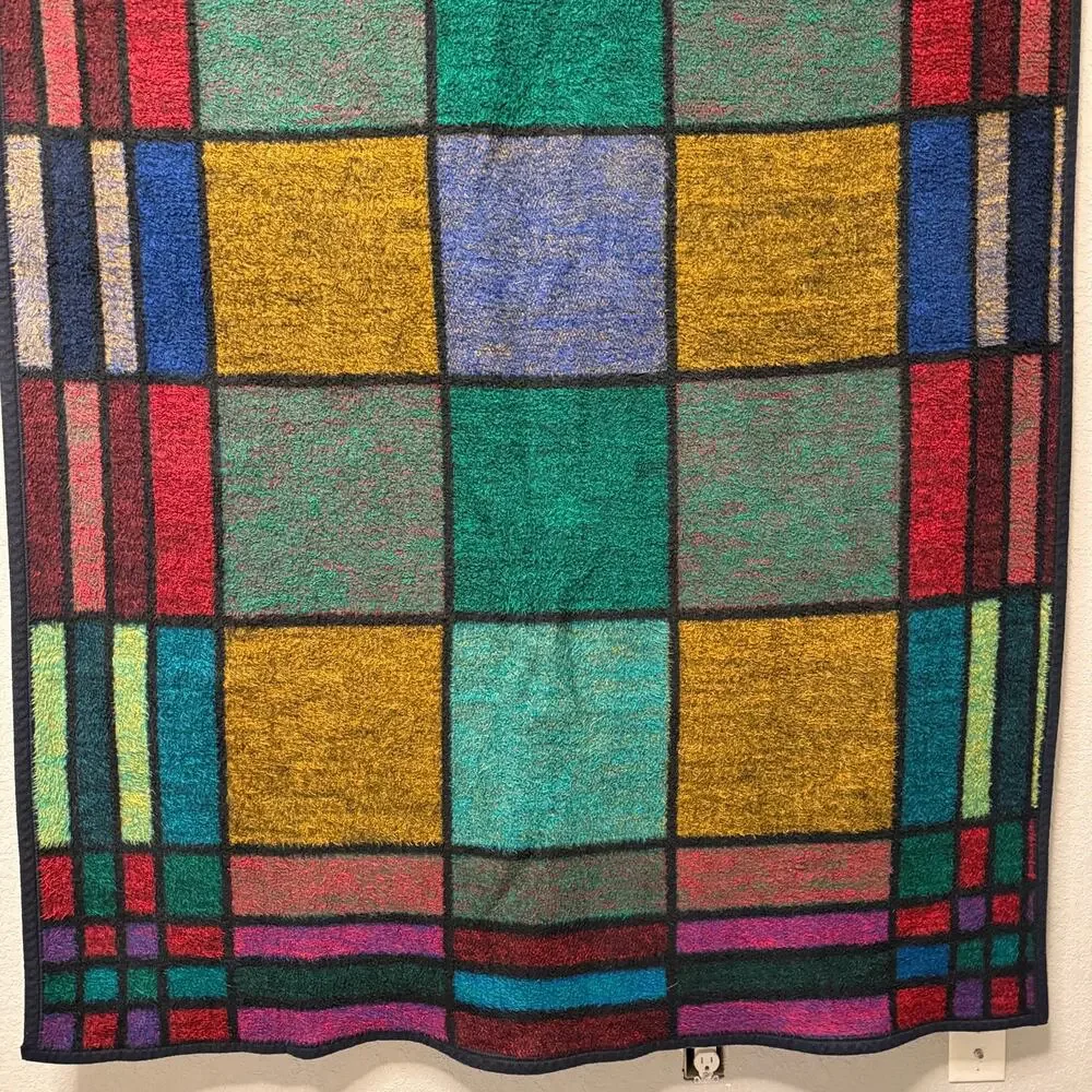 Vtg Biederlack stained glass window throw blanket - multicolored window pane